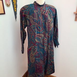 Vintage Pauline Trigere Silk Dress Multicolor Pleats Long Sleeve Mock Neck